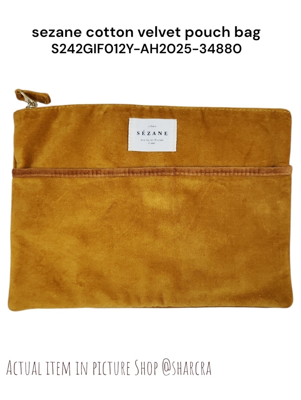 sezane women's cotton velvet pouch clutch handbag mustard yellow / Golden